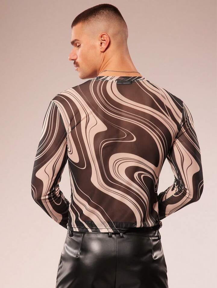 Men's Printed Floral Print Sheer Croppes Long Sleeve Tees